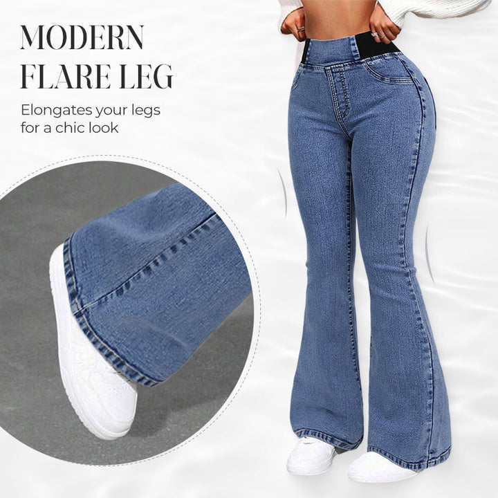 Jean évasé femme taille haute élastique en denim stretch – Inès - vue 1