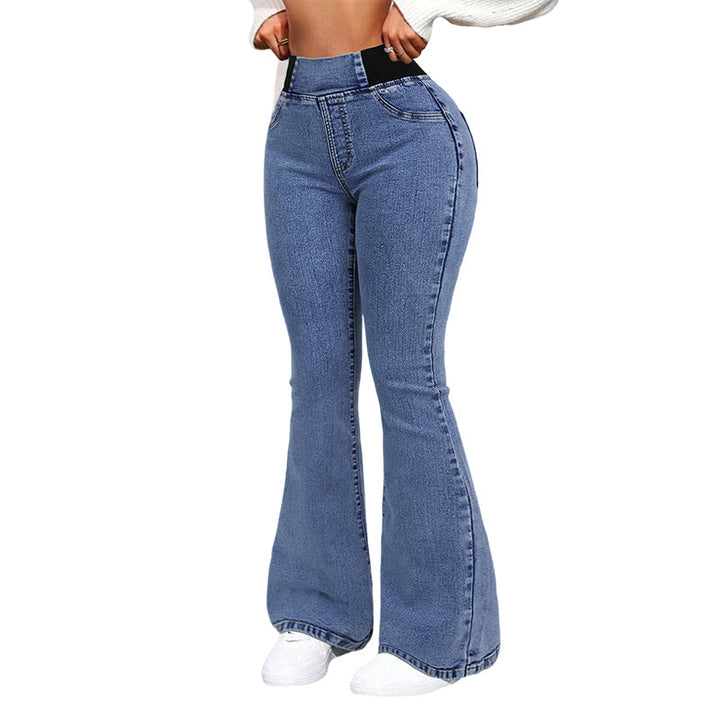 Jean évasé femme taille haute élastique en denim stretch – Inès - Bleu clair
