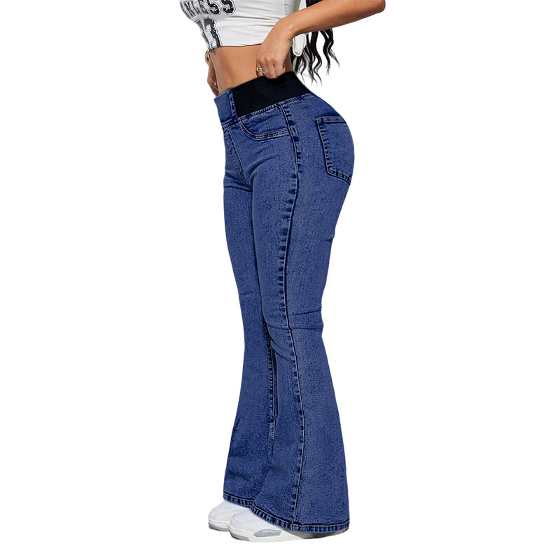 Jean évasé femme taille haute élastique en denim stretch – Inès - Bleu foncé