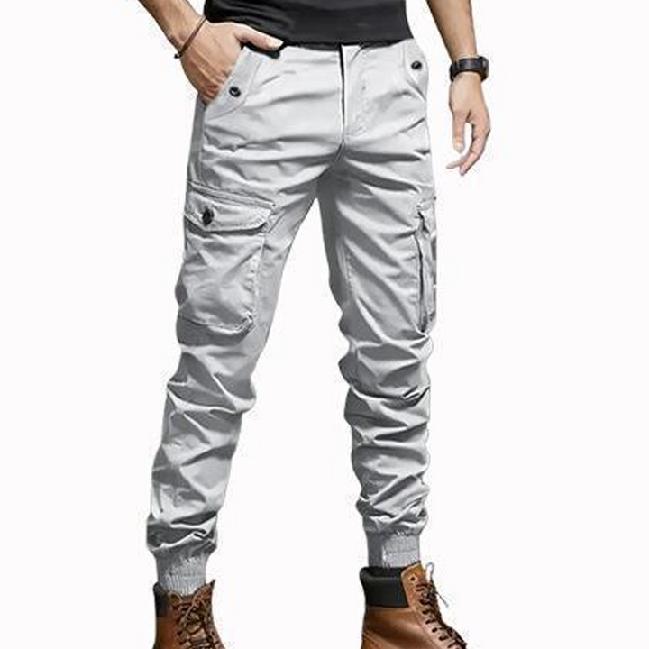 Pantalon cargo homme coupe fuselée à poches et chevilles resserrées – Théo - Gris clair