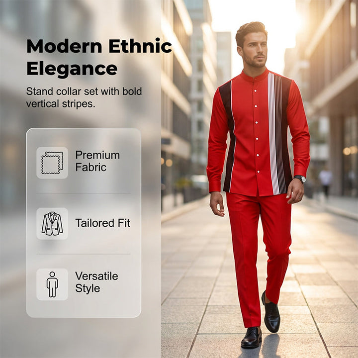 Ensemble homme chemise col mao à rayures et pantalon assorti – Lucas - vue 1