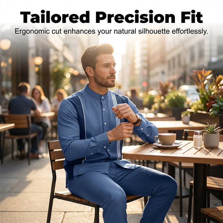 Ensemble homme chemise col mao à rayures et pantalon assorti – Lucas - vue 3