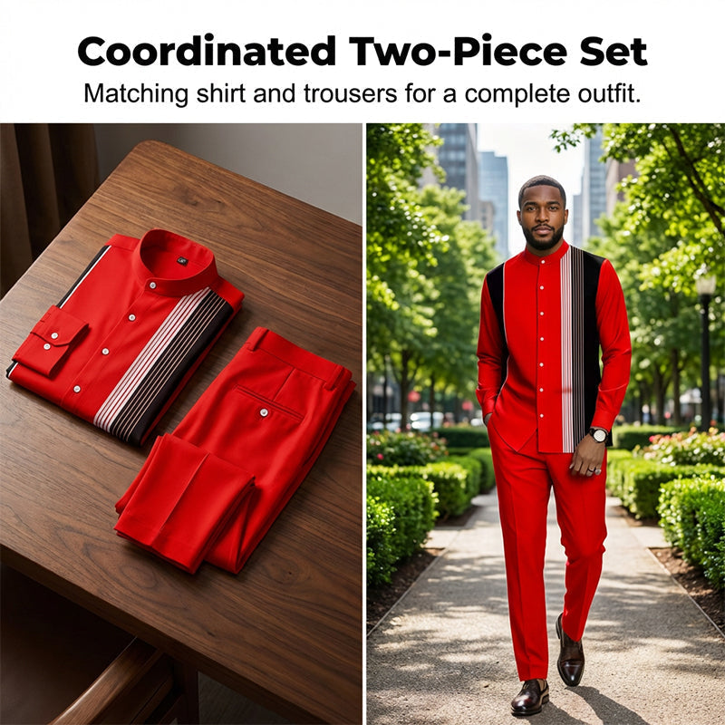 Ensemble homme chemise col mao à rayures et pantalon assorti – Lucas - vue 2