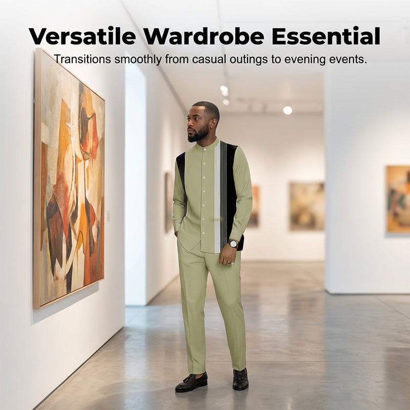 Ensemble homme chemise col mao à rayures et pantalon assorti – Lucas - vue 6