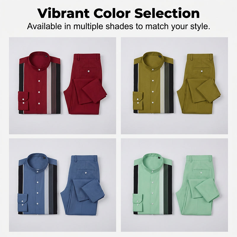 Ensemble homme chemise col mao à rayures et pantalon assorti – Lucas - vue 8