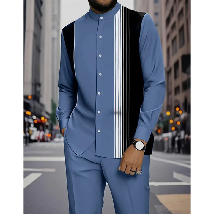 Ensemble homme chemise col mao à rayures et pantalon assorti – Lucas - Bleu