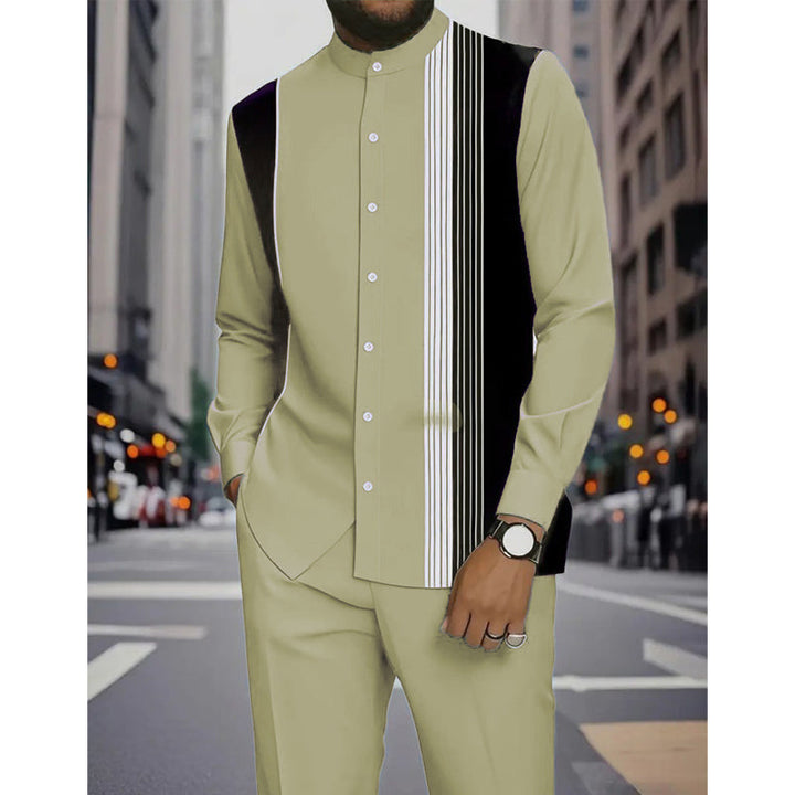 Ensemble homme chemise col mao à rayures et pantalon assorti – Lucas - Kaki clair