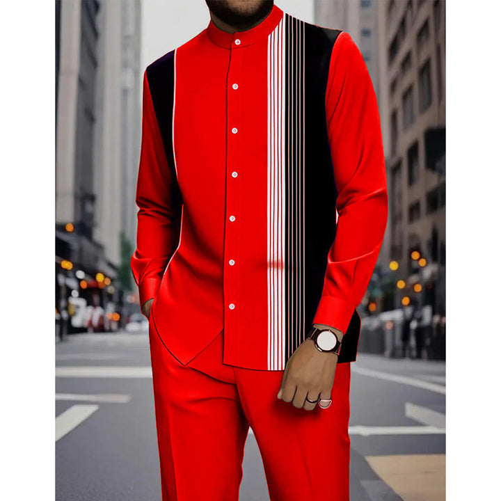 Ensemble homme chemise col mao à rayures et pantalon assorti – Lucas - Rouge