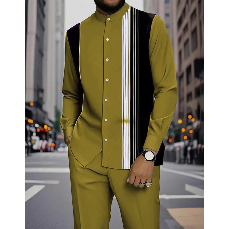 Ensemble homme chemise col mao à rayures et pantalon assorti – Lucas - Vert-jaune