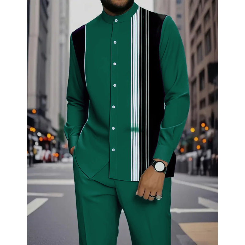 Ensemble homme chemise col mao à rayures et pantalon assorti – Lucas - Vert foncé