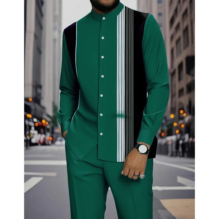 Ensemble homme chemise col mao à rayures et pantalon assorti – Lucas - Vert foncé