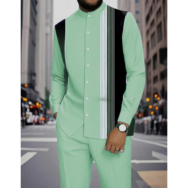 Ensemble homme chemise col mao à rayures et pantalon assorti – Lucas - Vert menthe