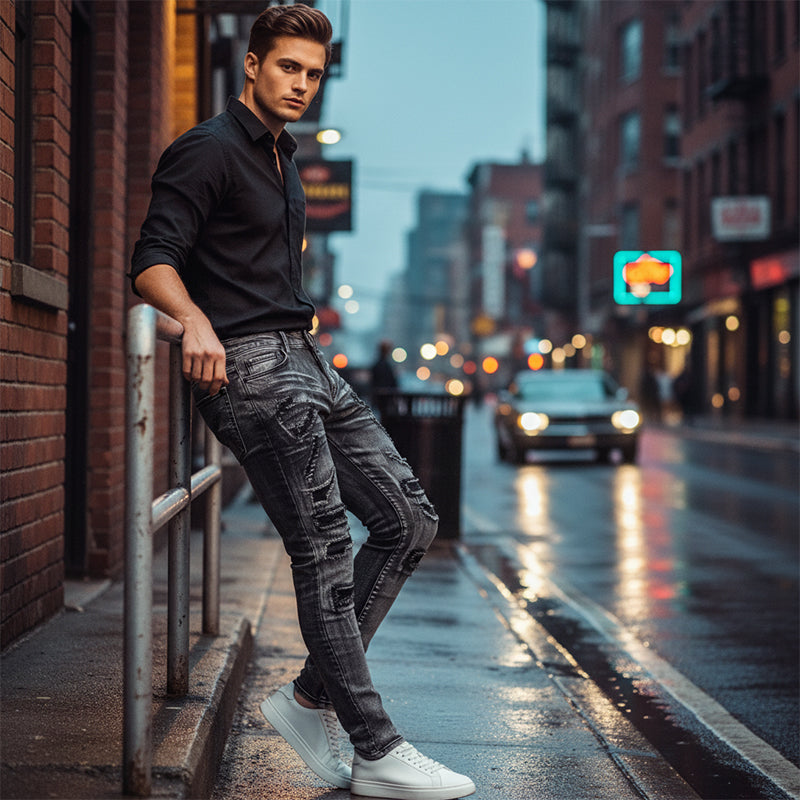 Jean slim homme gris effet déchiré et rapiécé style motard – Maxime - vue 1