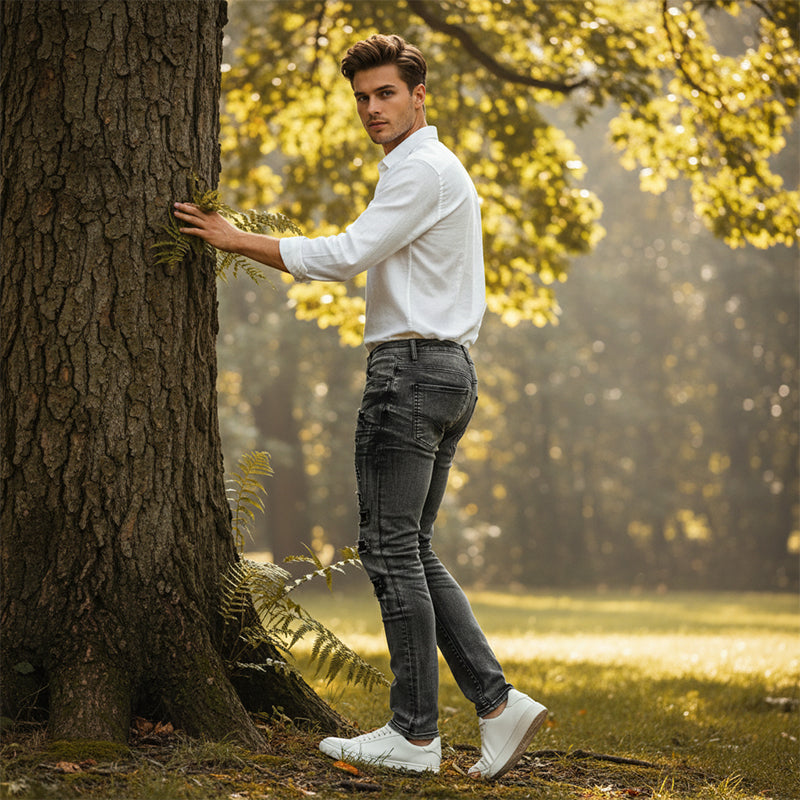 Jean slim homme gris effet déchiré et rapiécé style motard – Maxime - vue 2