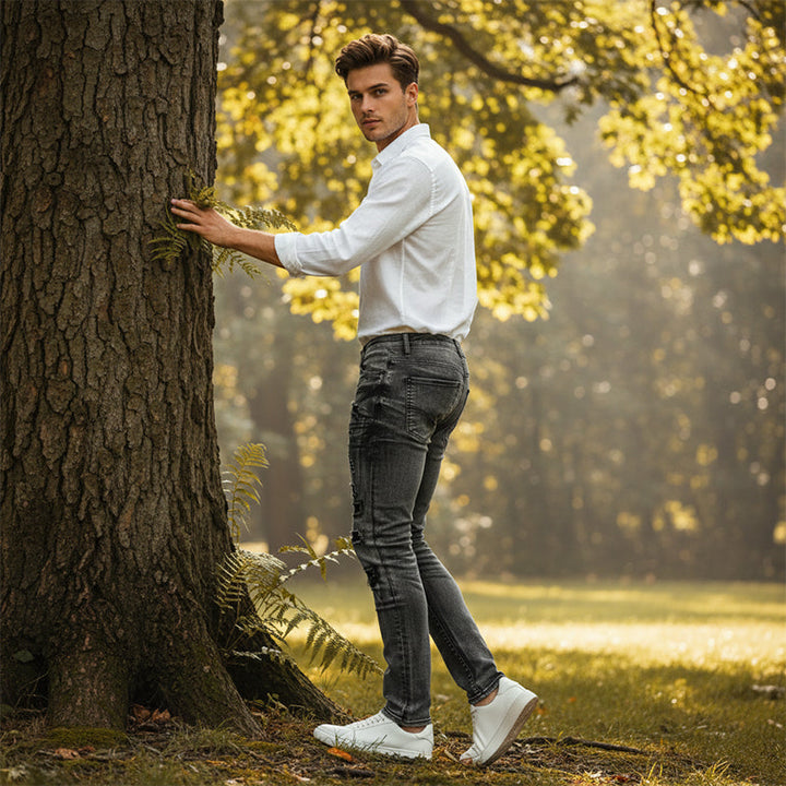 Jean slim homme gris effet déchiré et rapiécé style motard – Maxime - vue 2