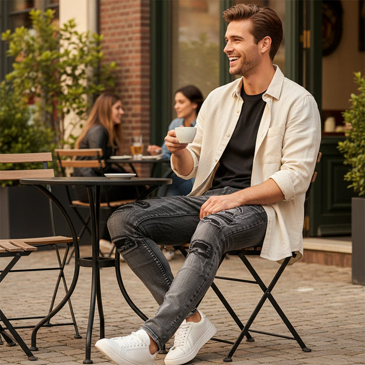 Jean slim homme gris effet déchiré et rapiécé style motard – Maxime - Gris