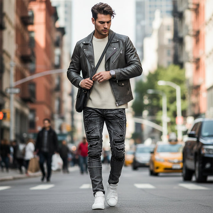 Jean slim homme gris effet déchiré et rapiécé style motard – Maxime - vue 4