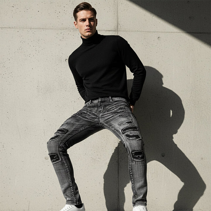 Jean slim homme gris effet déchiré et rapiécé style motard – Maxime - vue 5