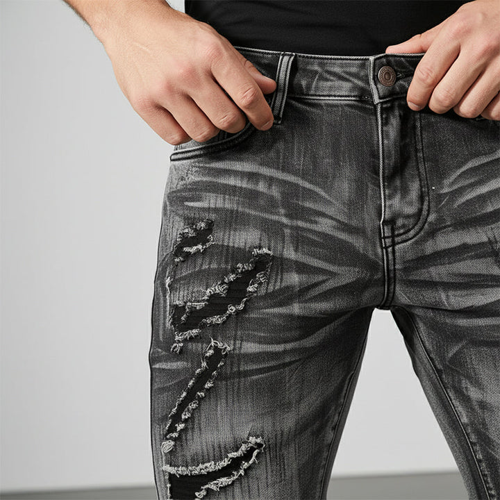 Jean slim homme gris effet déchiré et rapiécé style motard – Maxime - vue 6