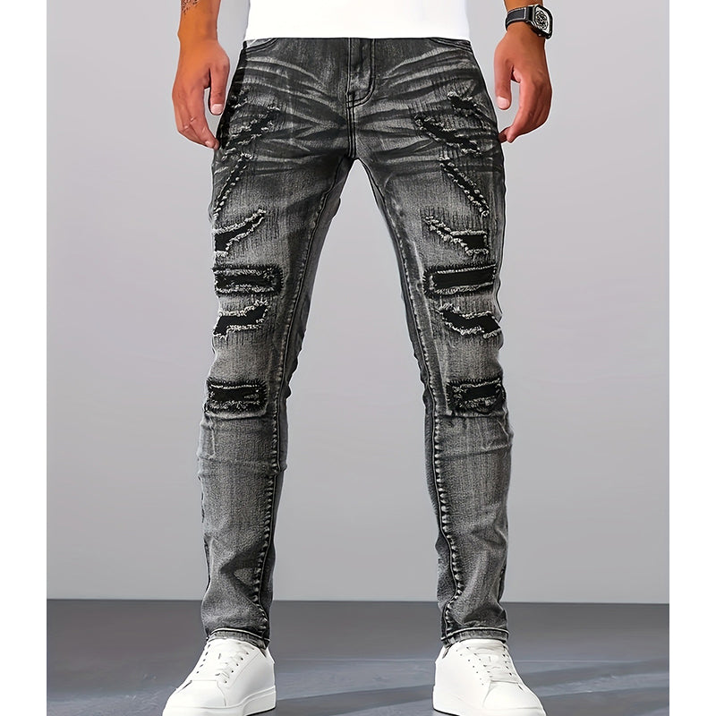 Jean slim homme gris effet déchiré et rapiécé style motard – Maxime - vue 9