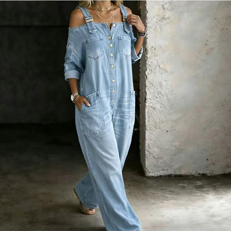 Combinaison femme en jean ample à jambes larges et épaules dénudées – Lucie - Bleu clair