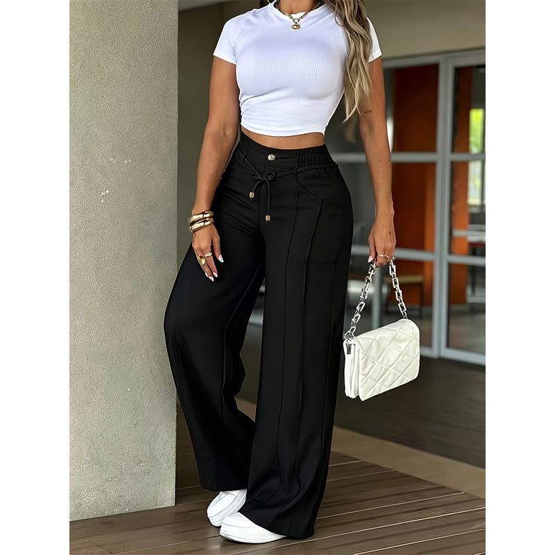 Pantalon femme taille haute à jambe droite et nervures – Margaux - Noir