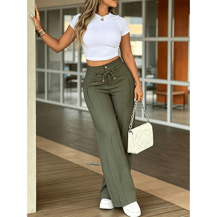 Pantalon femme taille haute à jambe droite et nervures – Margaux - Vert