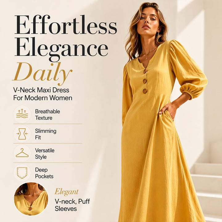 Robe longue femme col V boutonné à manches bouffantes et poches – Clémence - vue 1