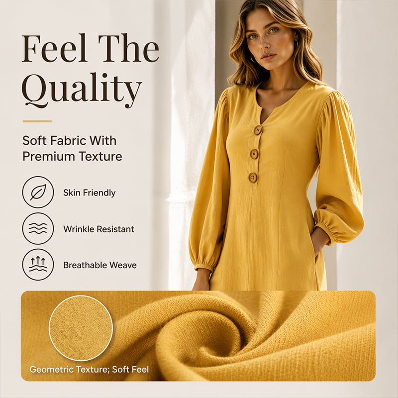 Robe longue femme col V boutonné à manches bouffantes et poches – Clémence - vue 5