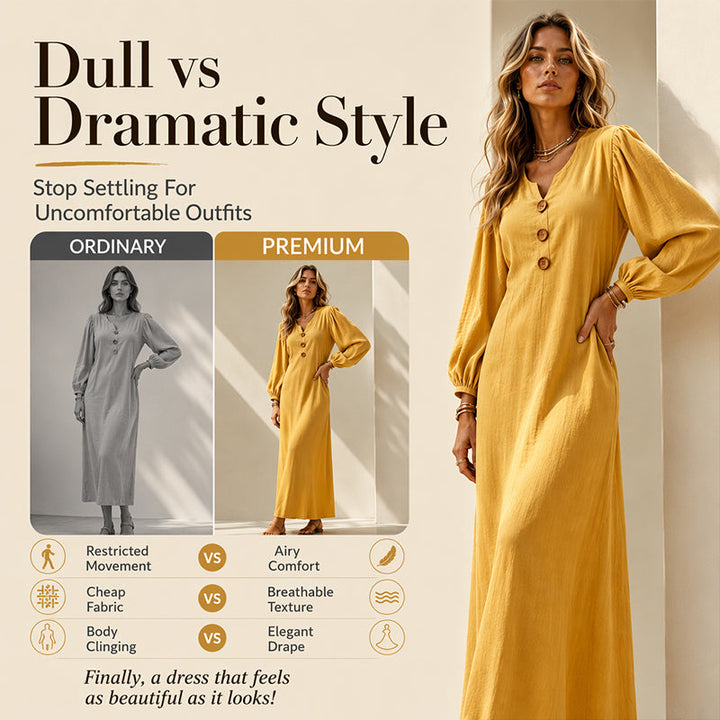 Robe longue femme col V boutonné à manches bouffantes et poches – Clémence - vue 4