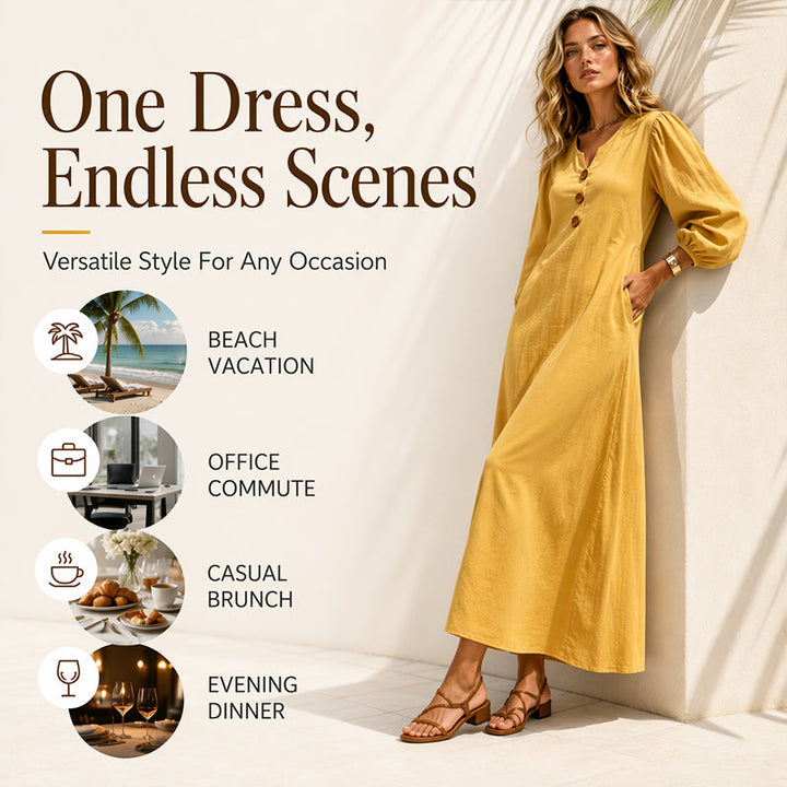 Robe longue femme col V boutonné à manches bouffantes et poches – Clémence - vue 6