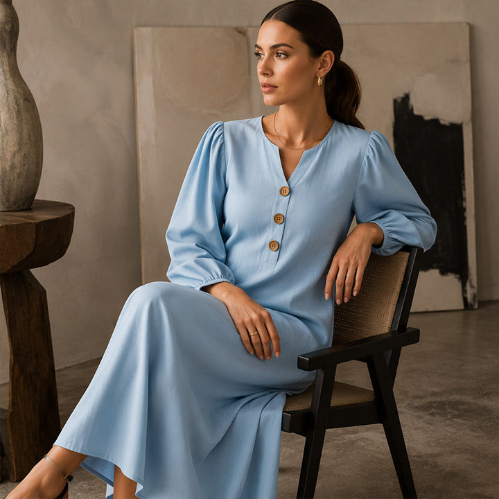 Robe longue femme col V boutonné à manches bouffantes et poches – Clémence - vue 7