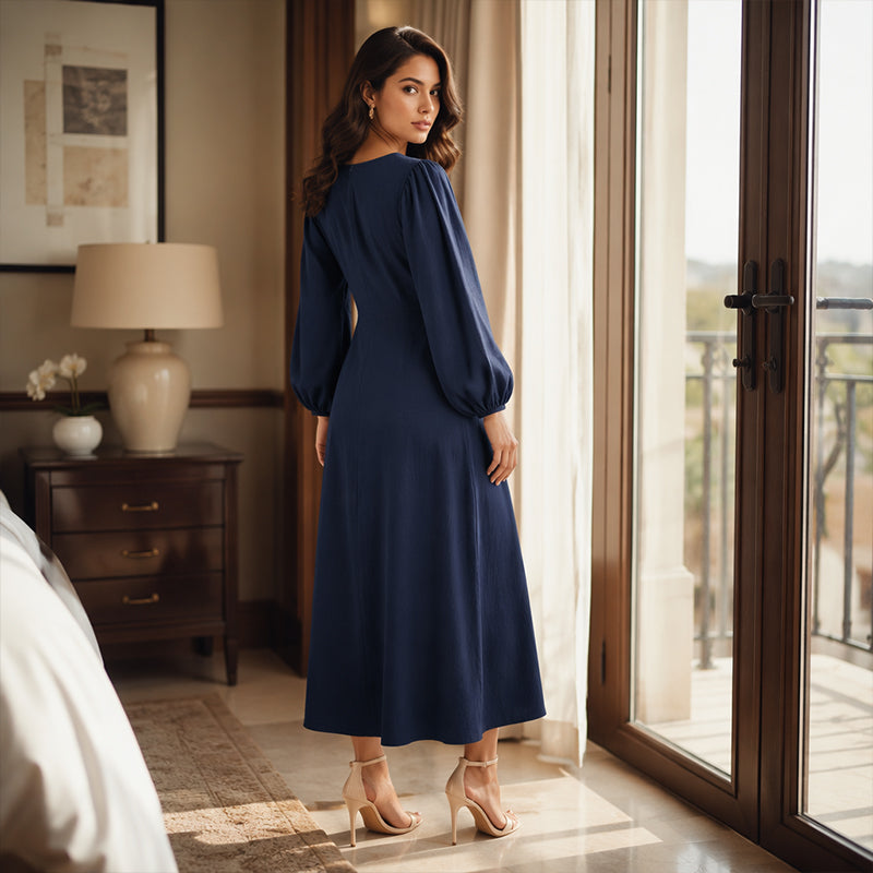 Robe longue femme col V boutonné à manches bouffantes et poches – Clémence - vue 8