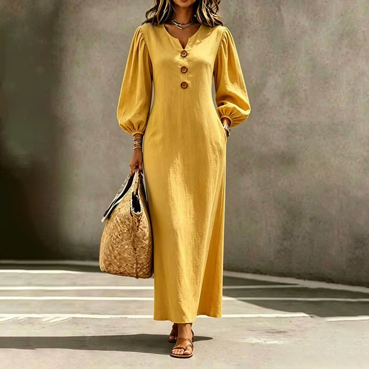 Robe longue femme col V boutonné à manches bouffantes et poches – Clémence - Jaune