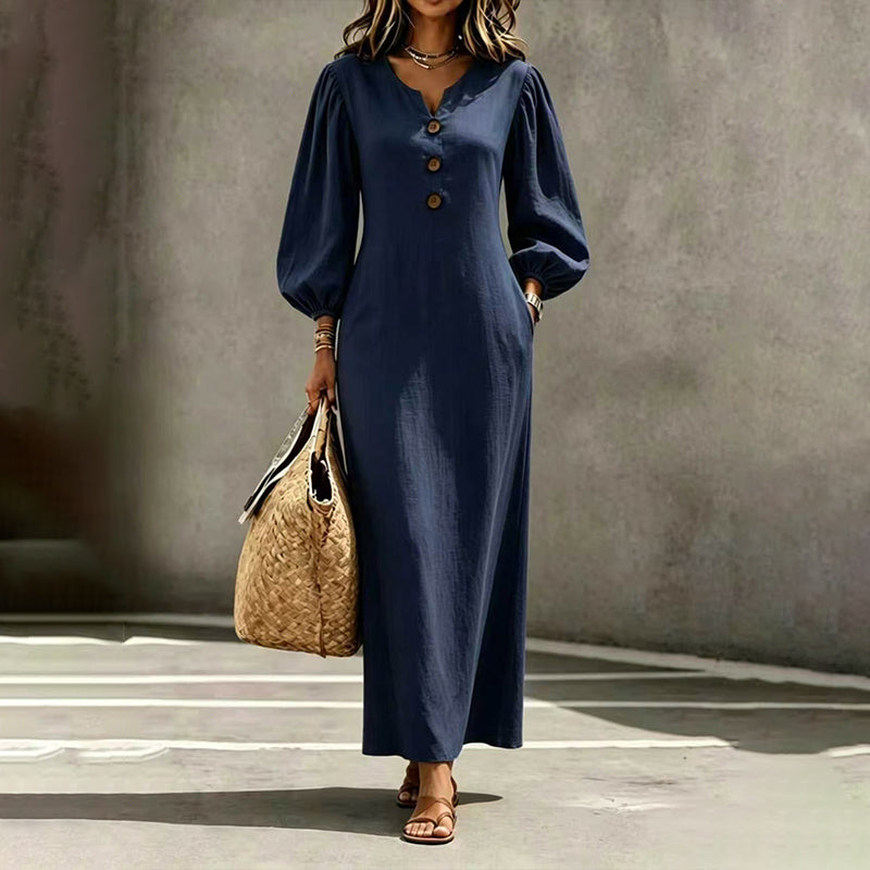 Robe longue femme col V boutonné à manches bouffantes et poches – Clémence - Bleu marine