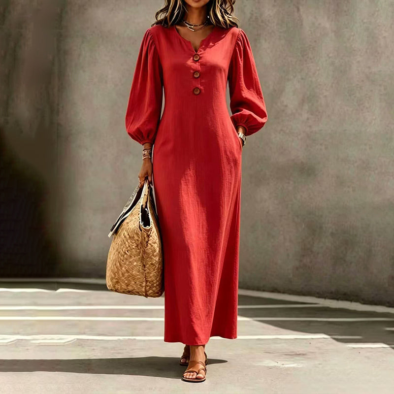 Robe longue femme col V boutonné à manches bouffantes et poches – Clémence - Rouge