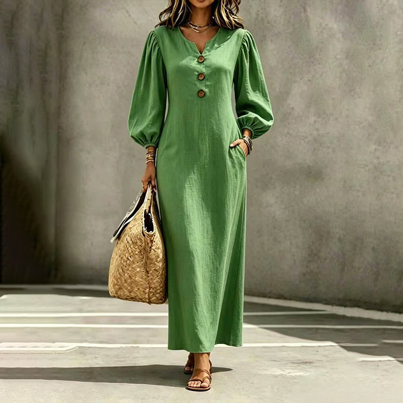 Robe longue femme col V boutonné à manches bouffantes et poches – Clémence - Vert