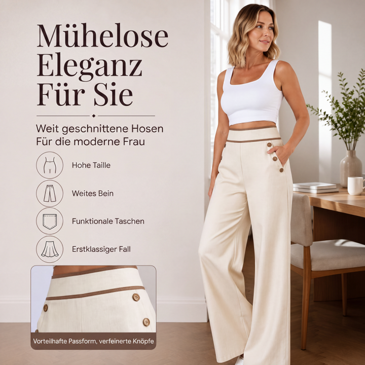 Pantalon large femme taille haute à boutons et liseré contrasté – Romane - vue 1
