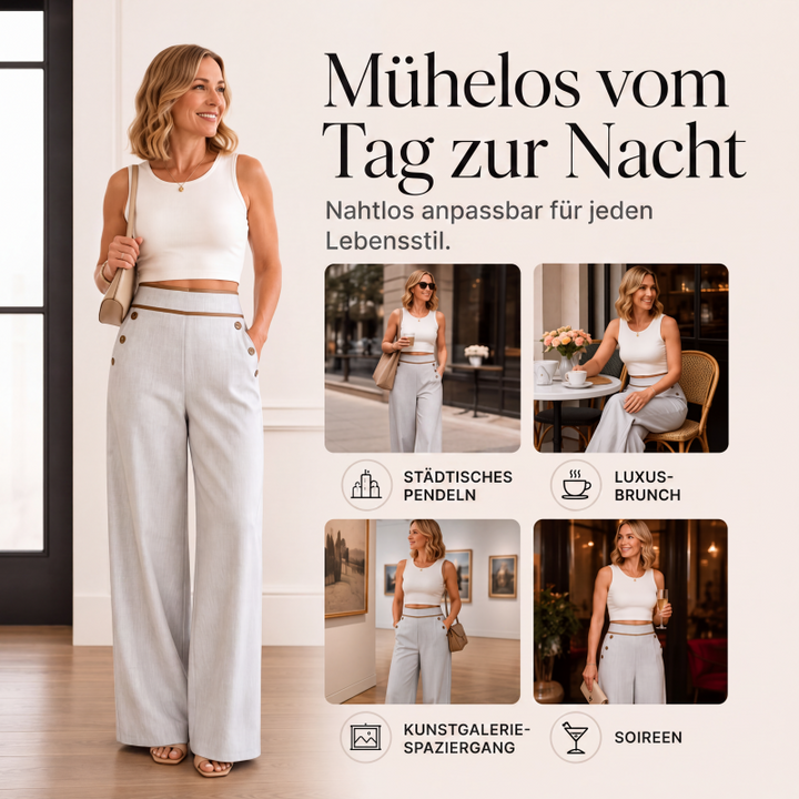 Pantalon large femme taille haute à boutons et liseré contrasté – Romane - vue 9