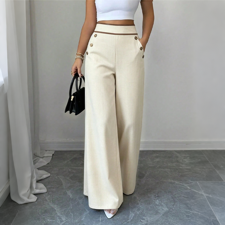 Pantalon large femme taille haute à boutons et liseré contrasté – Romane - Abricot