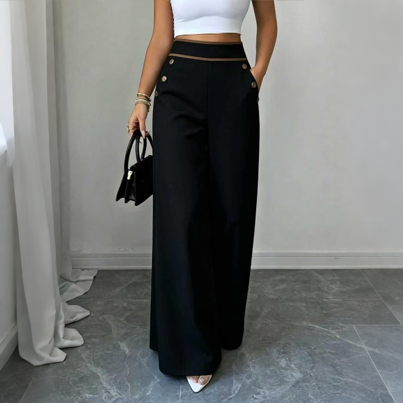 Pantalon large femme taille haute à boutons et liseré contrasté – Romane - Noir