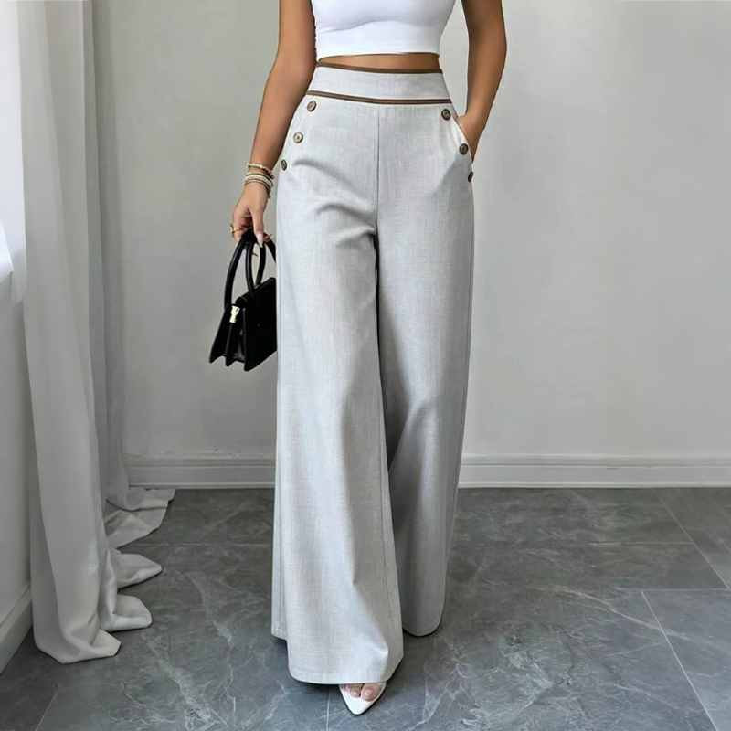 Pantalon large femme taille haute à boutons et liseré contrasté – Romane - Gris clair