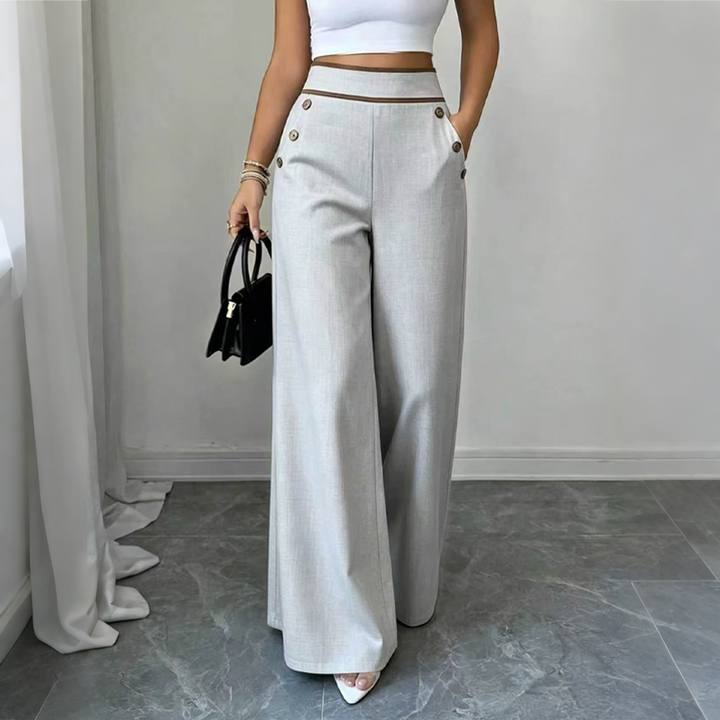 Pantalon large femme taille haute à boutons et liseré contrasté – Romane - Gris clair