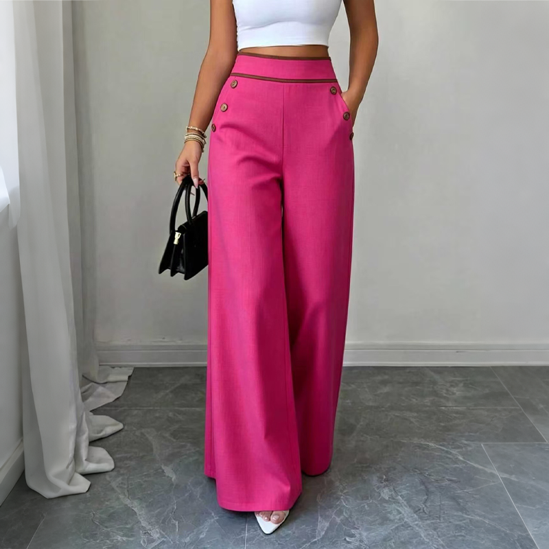 Pantalon large femme taille haute à boutons et liseré contrasté – Romane - Rose foncé