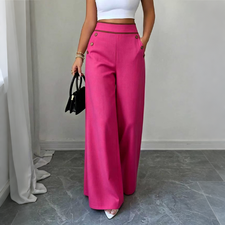 Pantalon large femme taille haute à boutons et liseré contrasté – Romane - Rose foncé