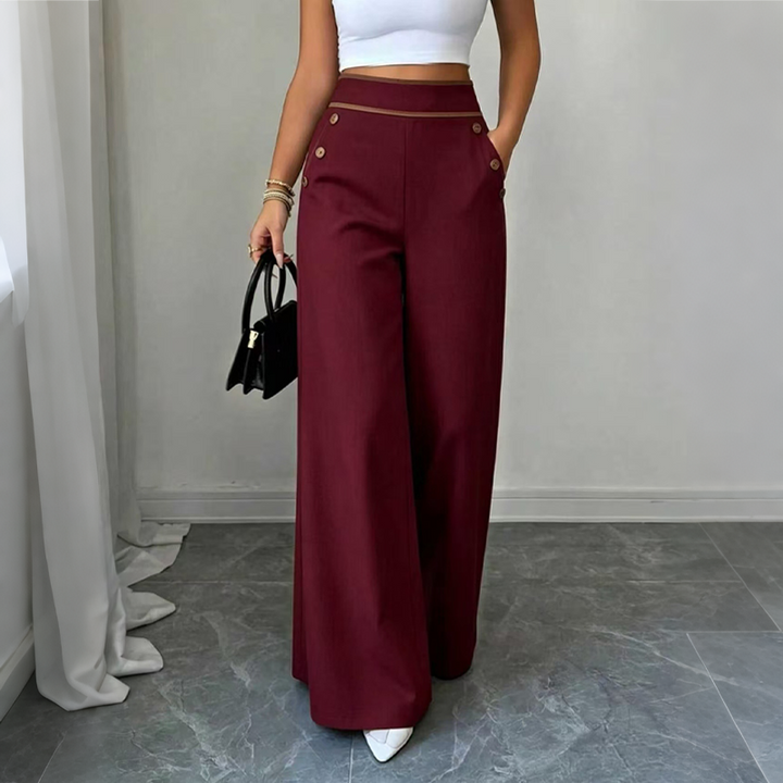 Pantalon large femme taille haute à boutons et liseré contrasté – Romane - Bordeaux