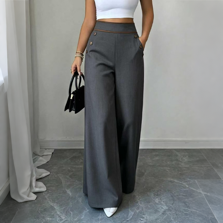Pantalon large femme taille haute à boutons et liseré contrasté – Romane - Gris foncé