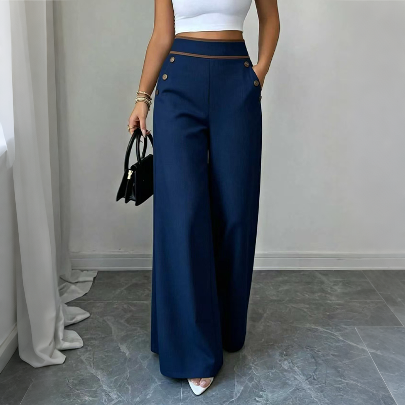 Pantalon large femme taille haute à boutons et liseré contrasté – Romane - Bleu marine