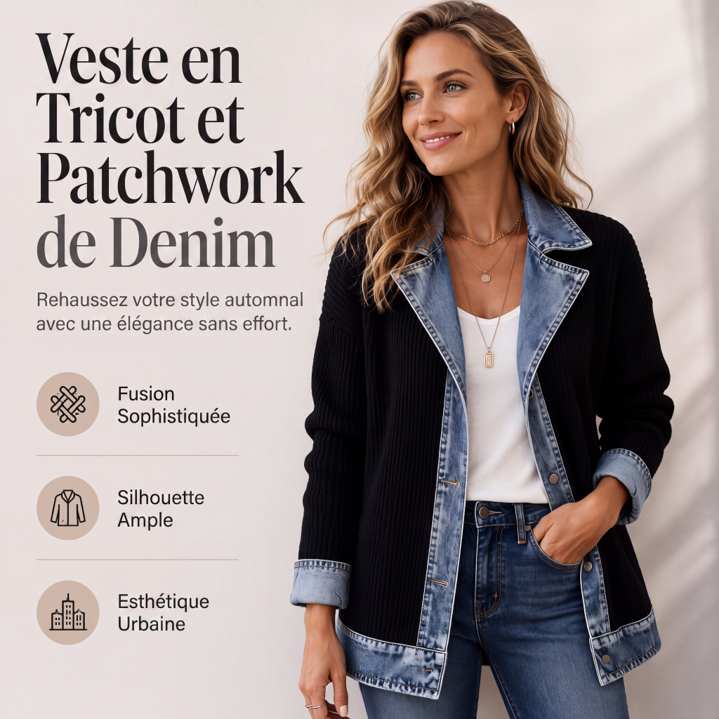 Veste longue femme en maille côtelée à revers en denim – Camille - vue 1
