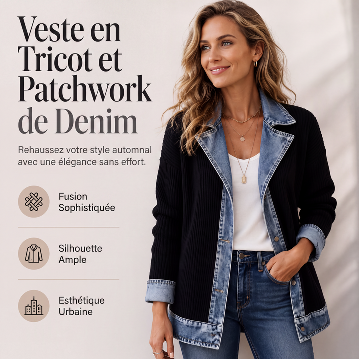 Veste longue femme en maille côtelée à revers en denim – Camille - vue 1